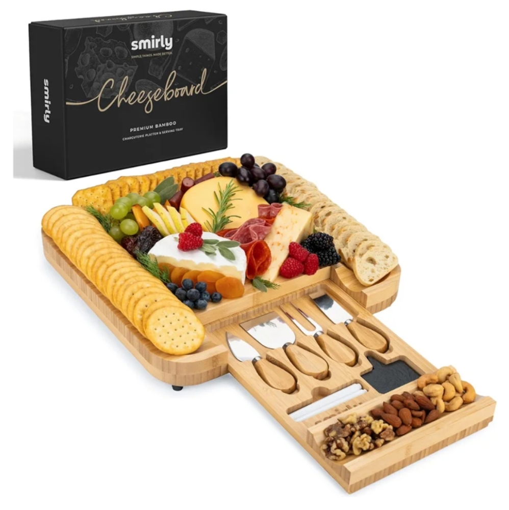 NWOT Smirley Charcuterie Cheese Board Set with Serving Utensils, 13" x13" Closed